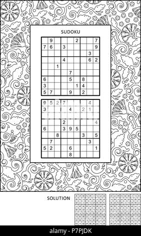 Puzzle and coloring activity page for grown-ups with two sudoku puzzles of comfortable level and wide decorative frame to color. Family friendly. Stock Vector