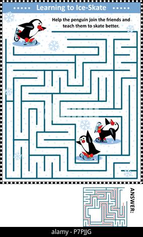 Labyrinth game, help the penguin to find a way out of the maze, cute ...