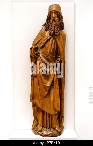 English: Exhibit in the Busch-Reisinger Museum, Harvard University, Cambridge, Massachusetts, USA. This artwork is in the  because the artist died more than 70 years ago. 11 April 2015, 11:29:52 339 Saint Anthony Abbot by Tilman Riemenschneider and workshop, c. 1510 - Busch-Reisinger Museum, Harvard University - DSC01057 Stock Photo