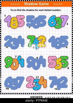 Educational shadow matching math puzzle or game for kids with colorful dotted numbers. Answer included. Stock Vector