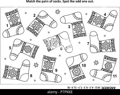 IQ training visual logic puzzle and coloring page with Santa's (or somebody's else) knitted socks. Match the pairs. Spot the odd one out. Stock Vector