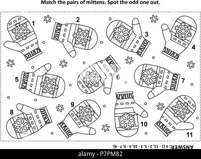 IQ training visual logic puzzle and coloring page with Santa's (or somebody's else) knitted mittens. Match the pairs. Spot the odd one out. Stock Vector