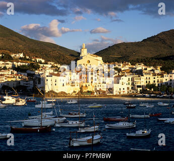 View over Cadaques harbour at sunrise Stock Photo