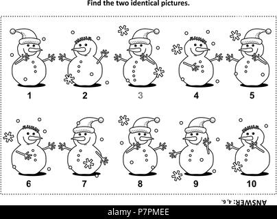 IQ training find the two identical pictures with snowman visual puzzle and coloring page. Answer included. Stock Vector