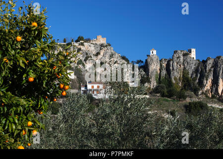 View to the Bell Tower and Guadalest Castle with orange tree in foreground Stock Photo