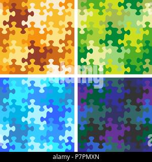 Four seamless jigsaw puzzle patterns, backgrounds, prints, swatches or wallpapers with whimsically shaped pieces of variuos color sets Stock Vector
