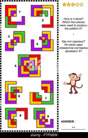 IQ training abstract visual puzzle: How is it done? Which two pieces were used to produce the pattern 5? Answer included. Stock Vector