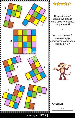 IQ training abstract visual puzzle: How is it done? Which two pieces were used to produce the pattern 3? Answer included. Stock Vector