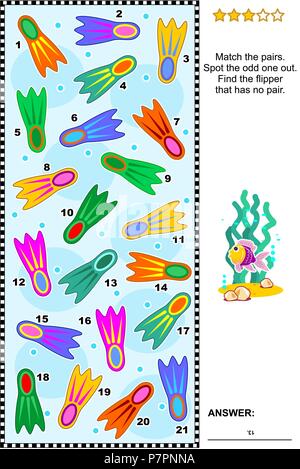Summer vacations themed visual puzzle with colorful scuba diving flippers (suitable both for kids and adults): Find the flipper that has no pair. Stock Vector