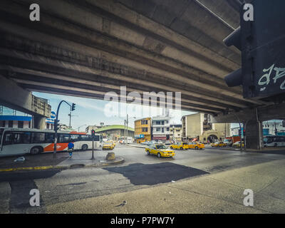 Panama City, Panama - march 2018: Car , bus and taxi traffic on crossroad street  in Panama City Stock Photo