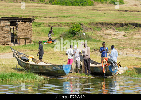 Fishermen Inspecting, Tending their nets,Fishing Village on the Kazinga Channel, Queen Elizabeth National Park, Uganda Stock Photo