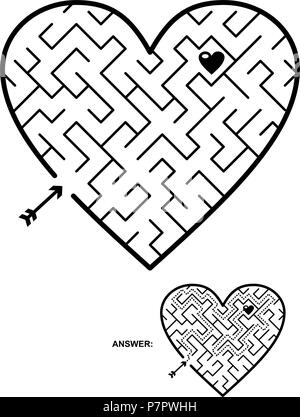 Valentine's Day, wedding, romantic, etc., themed heart shaped diagonal maze or labyrinth. Suitable both for kids and adults. Answer included. Stock Vector
