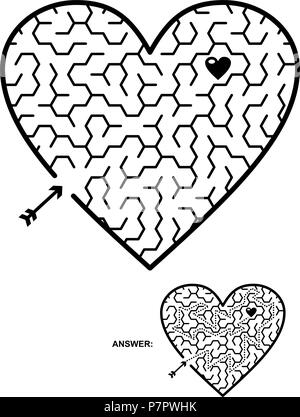 Valentine's Day, wedding, romantic, etc., themed heart shaped hexagonal maze or labyrinth game. Suitable both for kids and adults. Answer included. Stock Vector