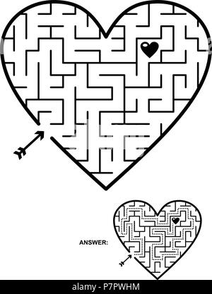 Valentine's Day, wedding, romantic, etc., themed heart shaped maze or labyrinth game. Suitable both for kids and adults. Answer included. Stock Vector