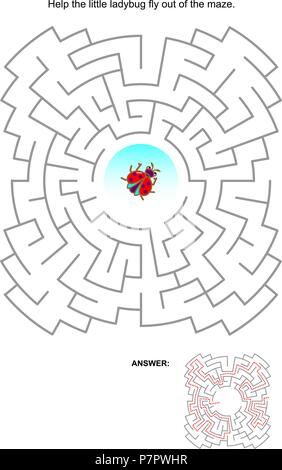 Maze game for kids: Help the little ladybug fly out of the labyrinth. Answer included. Stock Vector