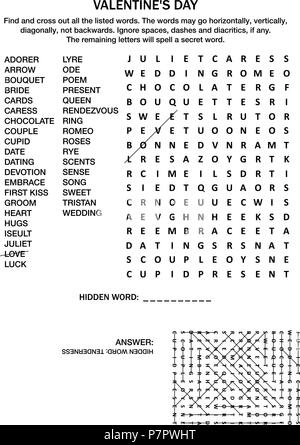 Valentine's Day, love, wedding, romantic, etc., themed word search puzzle (English language). Black and white. Answer included. Stock Vector
