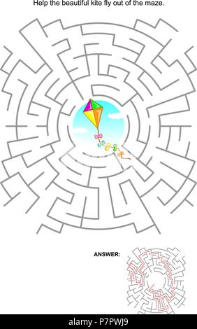 Maze game for kids: Help the beautiful colorful kite fly out of the labyrinth. Answer included. Stock Vector
