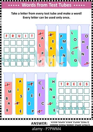 Word game (English language) for kids or adults: Make five words by taking a letter from each test tube. Answer included. Fruits and trees themed. Stock Vector