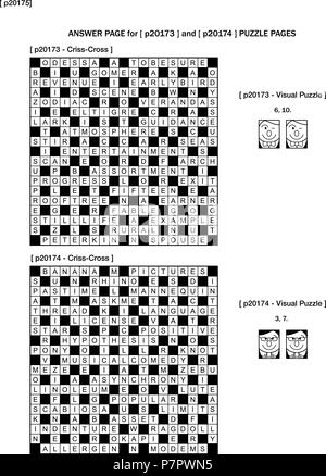 Answer page for previous puzzle pages with two games on each page: 19x19 fill-in crossword puzzle and visual puzzle with whimsical faces. Stock Vector
