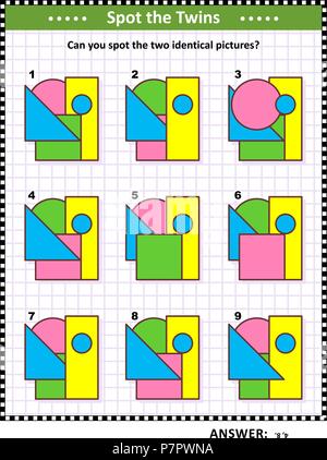 IQ training educational math puzzle for kids and adults with basic shapes - triangle, rectangle, circle, square - overlays and colors. Stock Vector