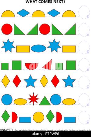 Shapes and colors themed educational logic game training sequential pattern recognition skills: What comes next in the sequence? Answer included. Stock Vector
