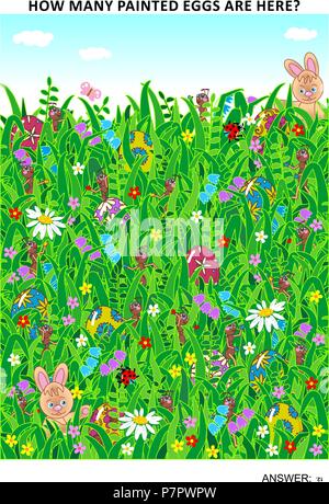 Easter themed page sized visual math puzzle to learn counting with fun: How many painted eggs are here? Answer included. Stock Vector