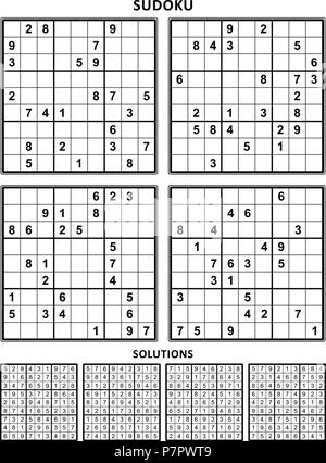 Four sudoku puzzles of comfortable (easy, yet not very easy) level, on A4 or Letter sized page with margins, suitable for large print books. Set 9. Stock Vector
