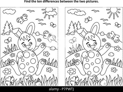 Easter holiday themed find the ten differences picture puzzle and coloring page with bunny and painted egg, rural scene Stock Vector