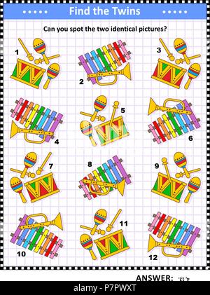 Visual puzzle with toy musical instruments: Can you spot the two identical pictures? Answer included. Stock Vector