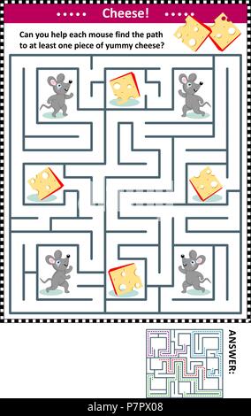 Maze game for children with four mice and four pieces of cheese: Can you help each mouse find the path to at least one piece of yummy cheese? Stock Vector