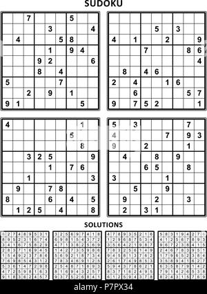 Four sudoku puzzles of comfortable level, on A4 or Letter sized page with margins, suitable for large print books, answers included. Set 11. Stock Vector