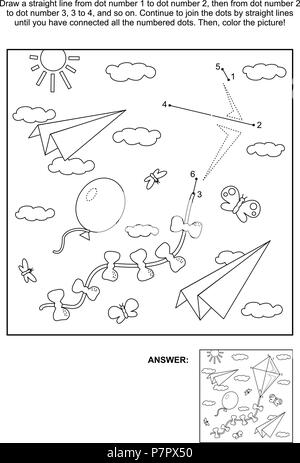 Connect the dots picture puzzle and coloring page with kite, paper planes, balloon flying in the sky. Answer included. Stock Vector