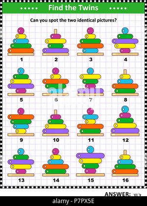 IQ training visual puzzle with colorful kites: Find the two identical pictures of colorful ring stackers. Suitable both for children and adults. Answe Stock Vector