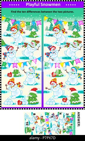 Winter, Christmas or New Year themed visual puzzle with happy playful playful snowmen: Find the ten differences between the two pictures. Answer inclu Stock Vector