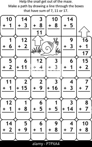 Math maze with addition facts: Help the snail get out of the maze. Make a path by drawing a line through the boxes that have sum of 7, 11 or 17. Stock Vector