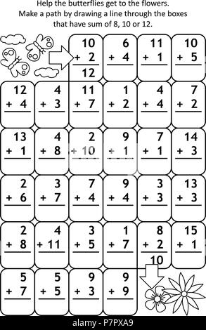 Math maze with addition facts: Help the butterflies get to the flowers. Make a path by drawing a line through the boxes that have sum of 8, 10 or 12. Stock Vector