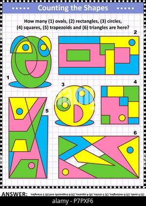 IQ training educational math puzzle for kids and adults with basic shapes - count ovals, rectangles, circles, squares, trapezoids and triangles. Stock Vector