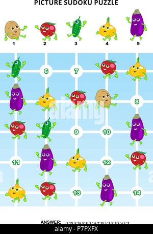 Picture sudoku puzzle 5x5 (one block) with vegetables - potato, tomato, cucumber, onion, eggplant. Answer included. Stock Vector