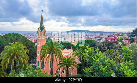 Aerial view over Barcelona taken from Parc Guell. Port Vell in the distance and Montjuic castle and parc in the right Stock Photo