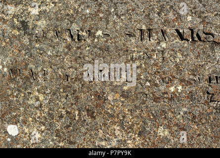 Old stone surface with partly readable engraved Latin letters covered with multi-coloured lichen Stock Photo