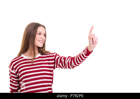 Business woman pressing key, isolated over white Stock Photo
