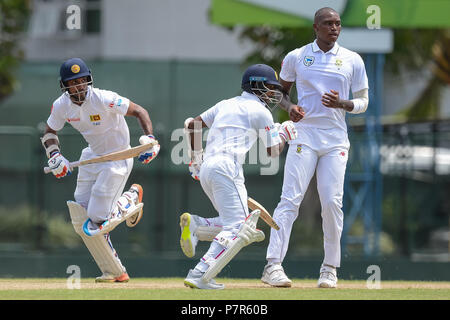 Colombo, Sri Lanka. 07th July, 2018. Sri Lanka Borad Xl batsman Danushka Gunathilka (L) and Kaushal Silva (C) taking a single during the day one of a two-day practice match between the Sri Lanka Board XI and South African team at P Sara Oval grounds in Colombo on 7th July, 2018, South Africa will play two Test matches, five ODI's and one T20 match in Sri Lanka. The first Test will play on July 12 at the Galle International Cricket Stadium in Galle. Credit: Sameera Peiris/Pacific Press/Alamy Live News Stock Photo