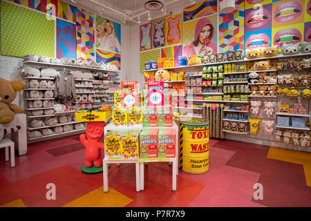The colorful interior of It'Sugar, a candy by the pound store on Broadway in Lower Manhattan, New York City. Stock Photo