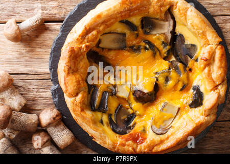 Tasty pie, quiche, pizza with mushrooms, cheddar cheese, chicken and cream close-up on the table. horizontal top view from above Stock Photo