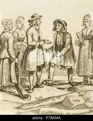 Sweeden. Peasants in typical costume. Engraving. Stock Photo