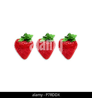 Strawberry Top view Three large ripe strawberries are lying in a row on a white background Photo template with copy space Stock Photo