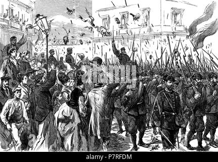 España. Tercera guerra carlista. Entrada en Bilbao de las tropas liberales el 2 de mayo de 1874. Grabado de 1874. Stock Photo