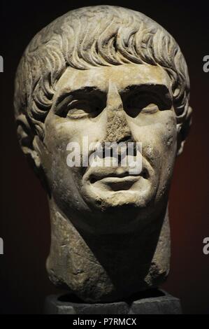 Trajan (Marcus Ulpius Traianus) (53-117). Roman Emperor of the Dynasty of the Antonines. Bust of the so-called decennalia type to commemorate the ten years of his ascension, ca.103-117. Marble. National Gallery. Oslo. Norway. Stock Photo