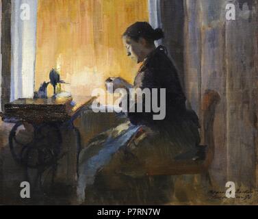 Harriet Backer (1845-1932). Norwegian painter. By the Lamp Light, 1890. National Gallery. Oslo. Norway. Stock Photo