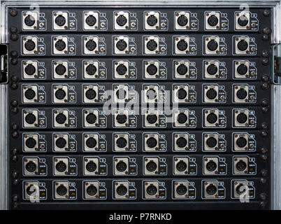 A panel of XLR outlet connectors. The XLR connector is a style of electrical connector, primarily found on professional audio, video, and stage lighti Stock Photo